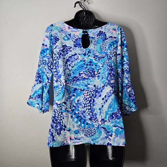 Lilly Pulitzer Shirt Size Small Fontaine Top Turquoise Oasis Wave After Wave 3/4 - Picture 4 of 6